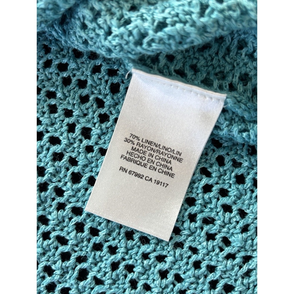 Sigrid Olsen Cardigan Sweater~L~Turquoise Crochet Knit Linen Bld 2 Button Resort - Picture 13 of 15